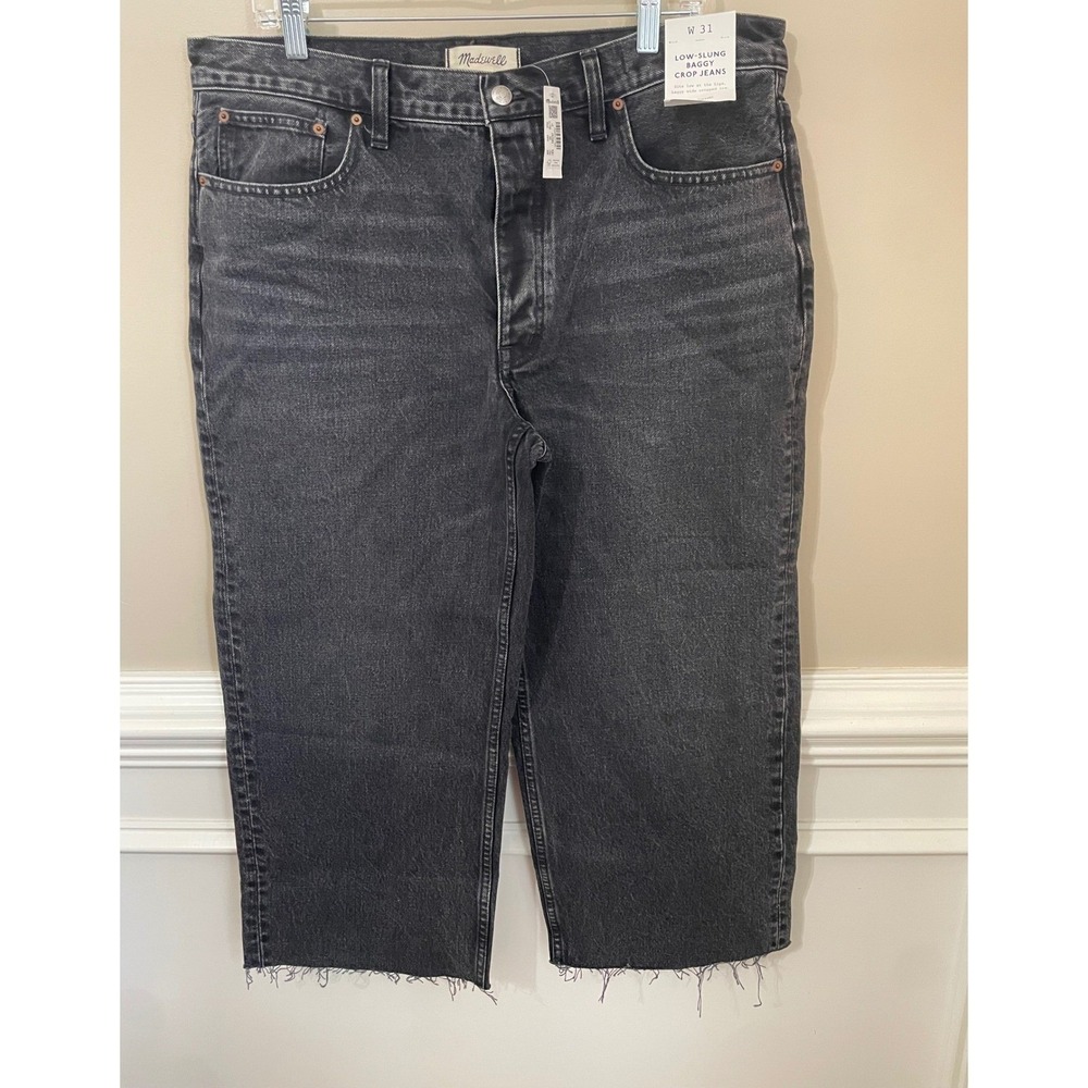 Madewell Low-Slung Baggy Crop Jeans Lunar Wash Black Frayed Hem Size 31 NWT